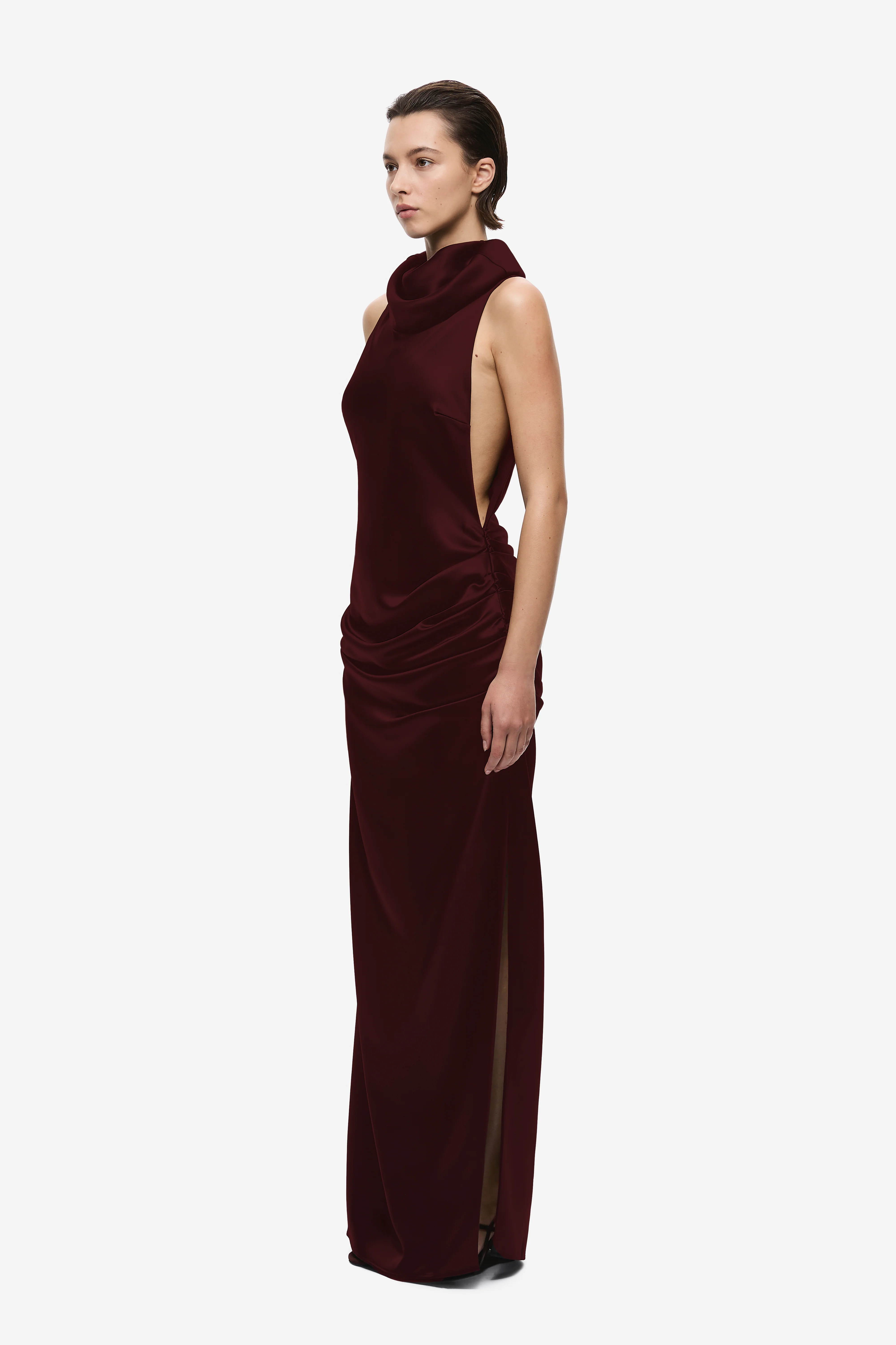THE DRAPED COLLAR SATIN MAXI DRESS